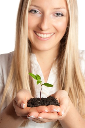 Isolated young plant in woman handsの写真素材