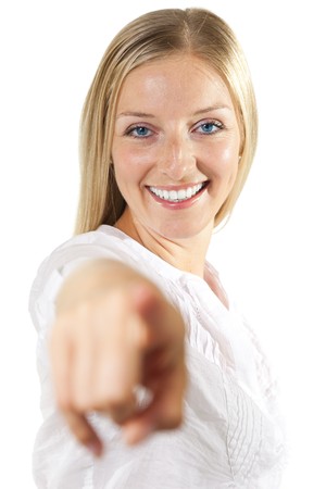 Woman pointing fingerの写真素材