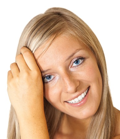 Young adult caucasian blond tan woman portrait on white backgroundの写真素材