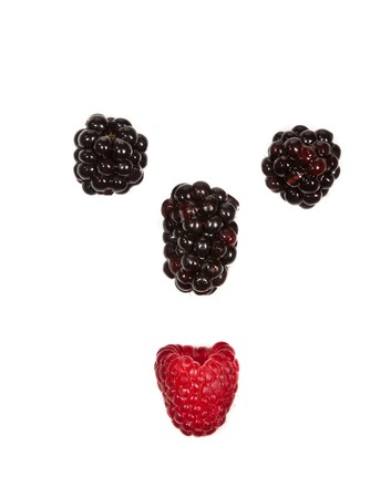 Ripe Black and red raspberries on white isolated backgroundの写真素材