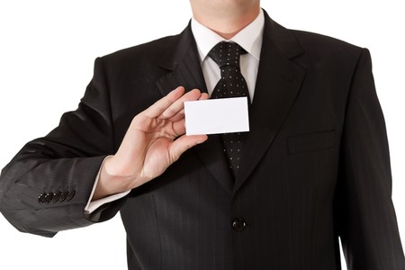 Business man holding blank card on white isolated backgroundの写真素材