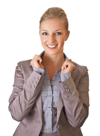 Caucasian blond businesswoman in suit on white isolated backgroundの写真素材