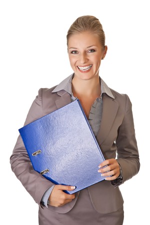 Caucasian blond businesswoman in suit holding ring binder on white isolated backgroundの写真素材