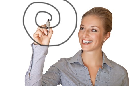 Caucasian blond business woman writing on white isolated backgroundの写真素材