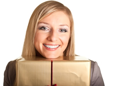 Blond caucasian woman in formal dress with gift boxes isolated on white