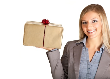 Blond caucasian woman in formal dress with gift boxes isolated on whiteの写真素材
