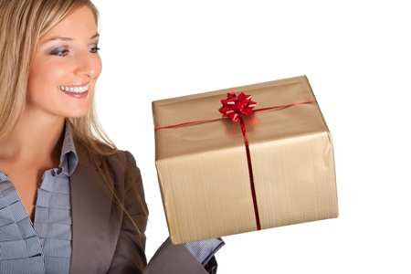 Blond caucasian woman in formal dress with gift boxes isolated on whiteの写真素材