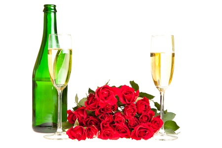 Valentine's day roses and champagne wine isolated on whiteの写真素材