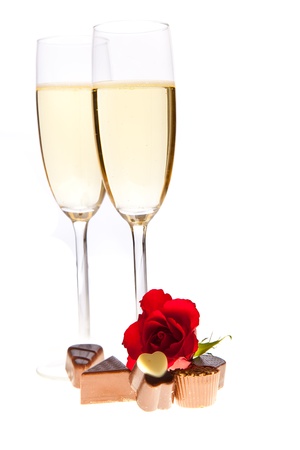 Valentine's day roses and champagne wine isolated on whiteの写真素材