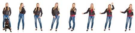 Woman in leather jacket with boxer dogの写真素材