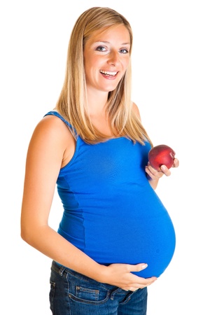 Pregnant woman with peach isolated on whiteの写真素材