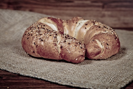 Composition of fresh bread on woodの写真素材