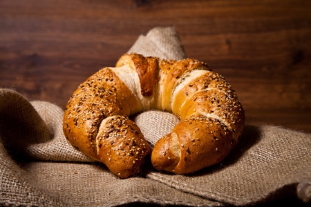 Composition of fresh bread on woodの写真素材