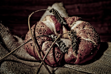 Composition of fresh bread on woodの写真素材
