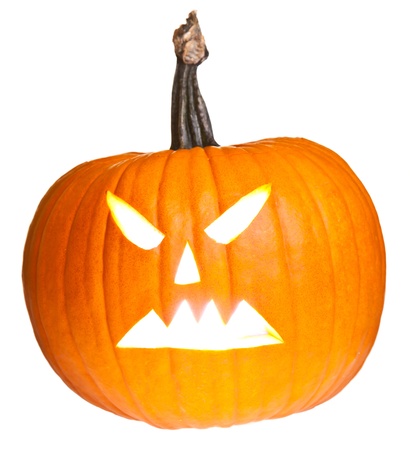 Halloween scary jack'o'lantern pumpkin face isolated on whiteの写真素材