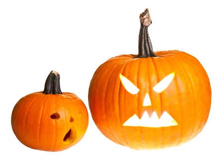 Halloween scary jack'o'lantern pumpkin face isolated on whiteの写真素材