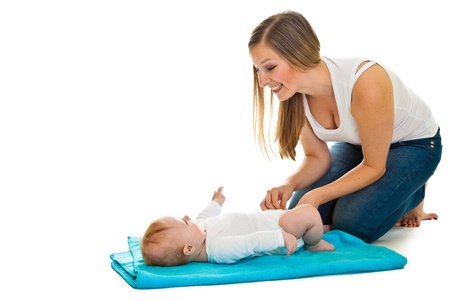 Mother with happy and cute infant baby girl isolated on whiteの写真素材