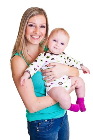 Mother with infant girl isolated on whiteの写真素材