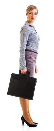 Happy businesswoman with briefcase isolated on whiteの写真素材