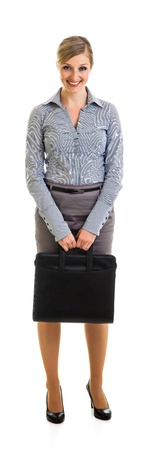 Happy businesswoman with briefcase isolated on whiteの写真素材