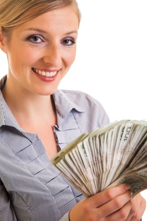 Businesswoman with polish zloty banknotes isolated on whiteの写真素材