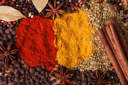 Closeup of spices composition, anise, cinnamon, paprica, curry, pepperの写真素材