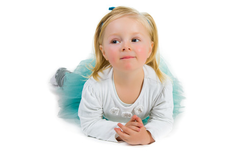 Cute preschool girl isolated on whiteの写真素材