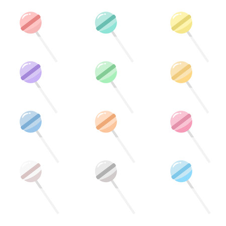 Set of 12 cute, round lollipops with stripes in soft pastel colors (pink, mint, yellow, lavender, blue, peach). Ideal flat vector for birthday, sweet treats, or party designs.のイラスト素材