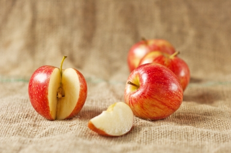 Apple on jute background, Autumn conceptの写真素材