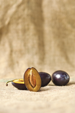 Plum over a jute backgroundの写真素材