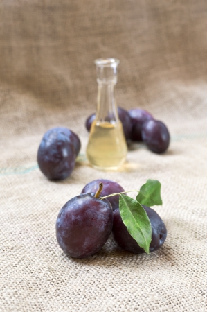 Plum brandy with fresh and tasty plum fruit on a table cloth. Selective focus with shallow depth of field.の写真素材