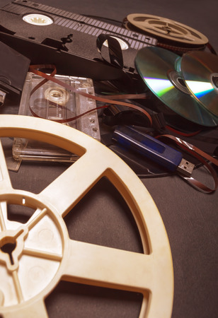Collection of retro audio and video tapes. Shallow depth of field.の写真素材