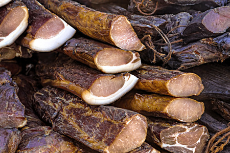 Closeup of a variety of dried meat. Traditional foodの写真素材