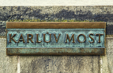 Karluv Most name plate of Charles Bridge, Prague, Czech Republic.のeditorial素材