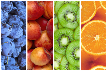 Collage of fresh and ripe summer fruit in the form of vertical stripesの写真素材