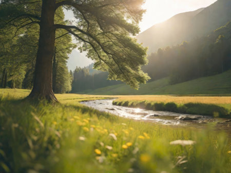 A painting of a river running through a lush green field. Generative aiの素材
