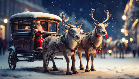 Santa Claus on city street at Christmas night. Generated with AIの素材