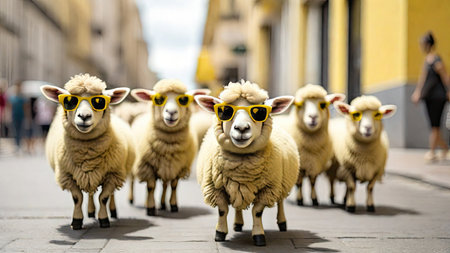 A group of sheep wearing yellow sunglasses and walking in the city, Generated with AIの素材