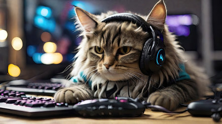 A gamer cat with headphones, inside his gamer setup plays video games on a gamer PC. Generated with AIの素材