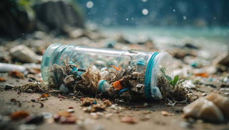 Microplastic pollution on the seabed, with microplastics and other debris scattered among marine life. Generated with AIの素材
