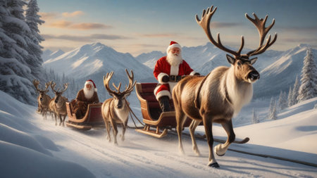 Santa Claus sitting on his Christmas sleigh, reindeer pulling the Christmas sleigh, snowflakes and fir trees. Generative AIの素材