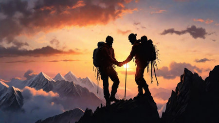 Silhouettes of mountaineers where one mountaineer helps his friend reach the top of the mountain at a beautiful sunset. Generated with AIの素材