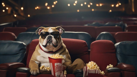 In an unexpected and delightful sight, a bulldog sits comfortably in a cinema hall, sporting 3D glasses and holding a bag of popcorn. Generated with AIの素材