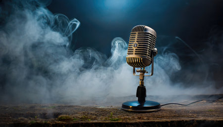 An old radio microphone standing alone against a dark background with smoke. Generated with AIの素材