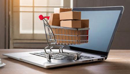 Online shopping concept with a cart full of boxes on top of a laptop computer, a business idea. Generated with AIの素材