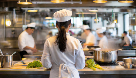 From a rear view, a chef is cooking in a vintage-style, bustling restaurant kitchen. Generated with AIの素材