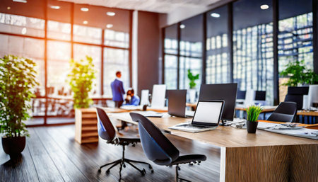 Bright business workplace with blurred people in a modern office space. Generated with AIの素材