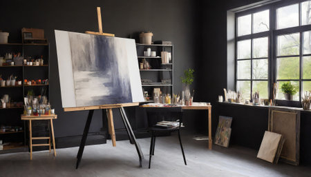 Interior of an empty artist studio with painting supplies. Generated with AIの素材