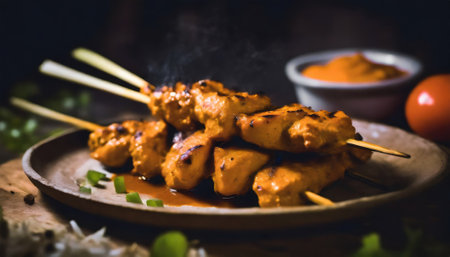 Meat on the grill, chicken satay skewers topped with sauce. Generated with AIの素材