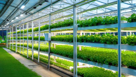 A hydroponic vertical farm in a building with advanced farming technology, featuring an agricultural greenhouse. Generated with AIの素材